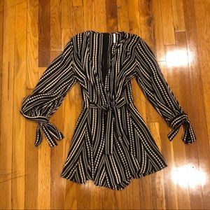Long sleeve, blue and tan striped romper